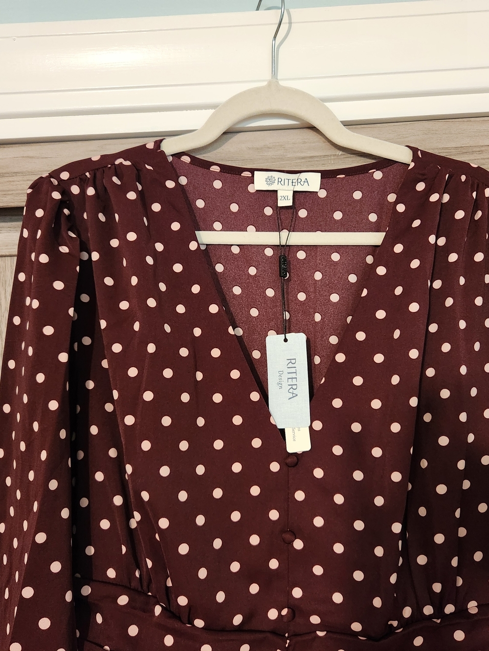 Brand New w/ tags Polka Dot Burgundy Long-Slve Wrap Midi Dress by Ritera Design - Picture 3 of 4